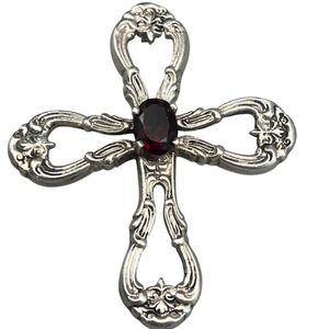 Vintage Gorham sterling silver ornate cross pendant only garnet stone
